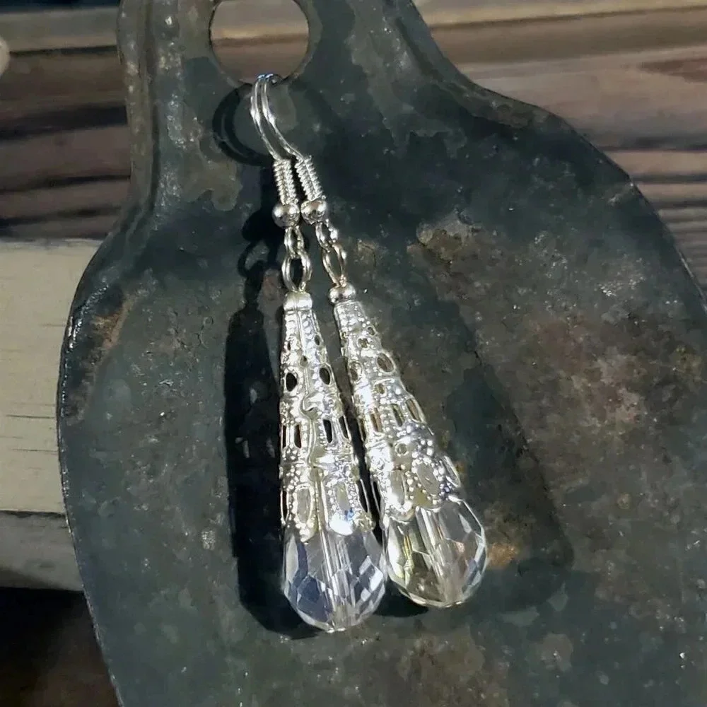 Artisan Caged Filigree Faceted Clear Crystal Silver Teardrop Earrings